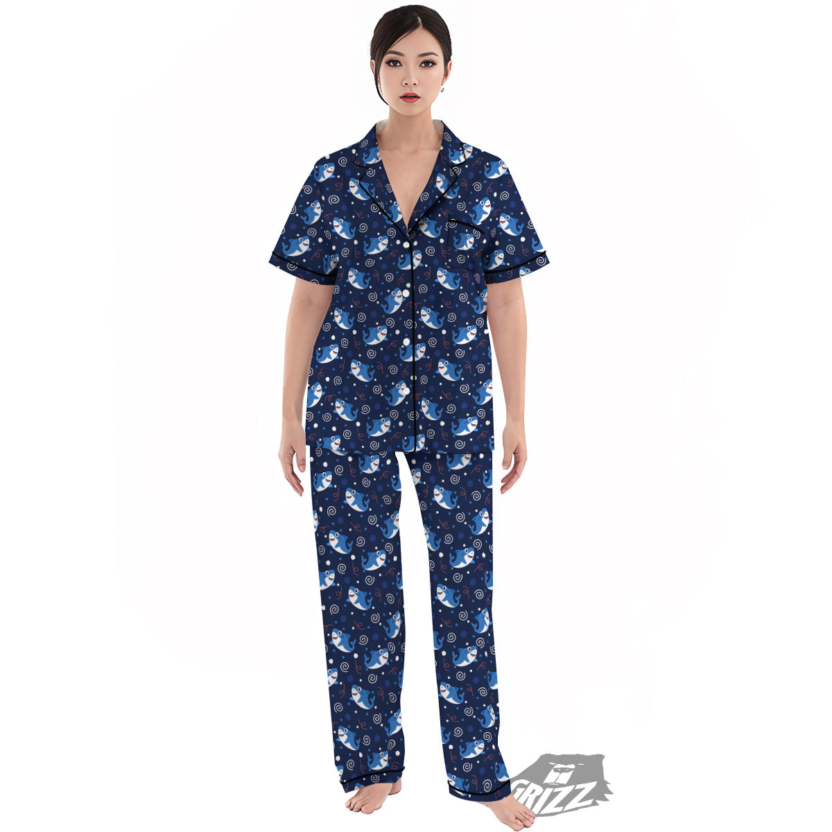Shark Cute White Print Pattern Women's Pajamas Set-grizzshop