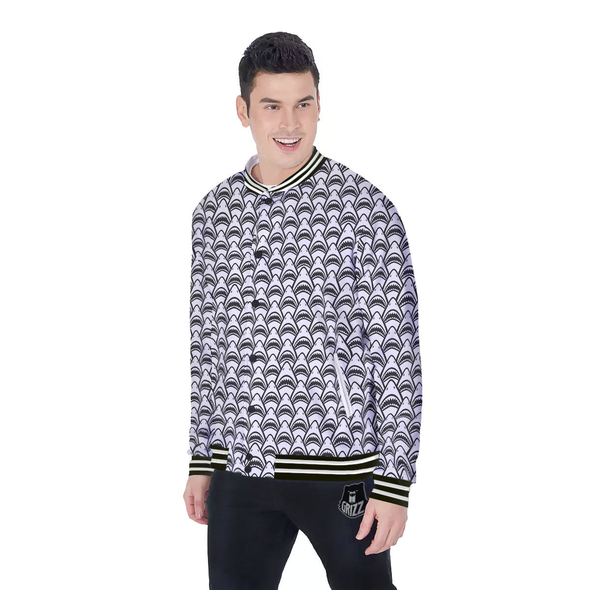 Shark Doodle Print Pattern Baseball Jacket-grizzshop