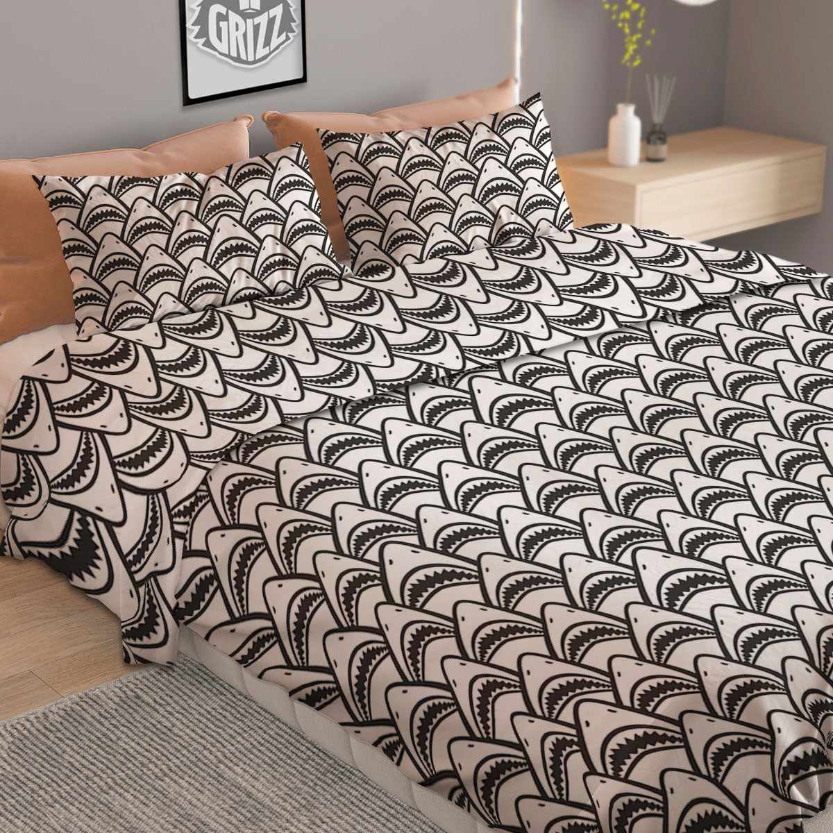Shark Doodle Print Pattern Duvet Cover Bedding Set