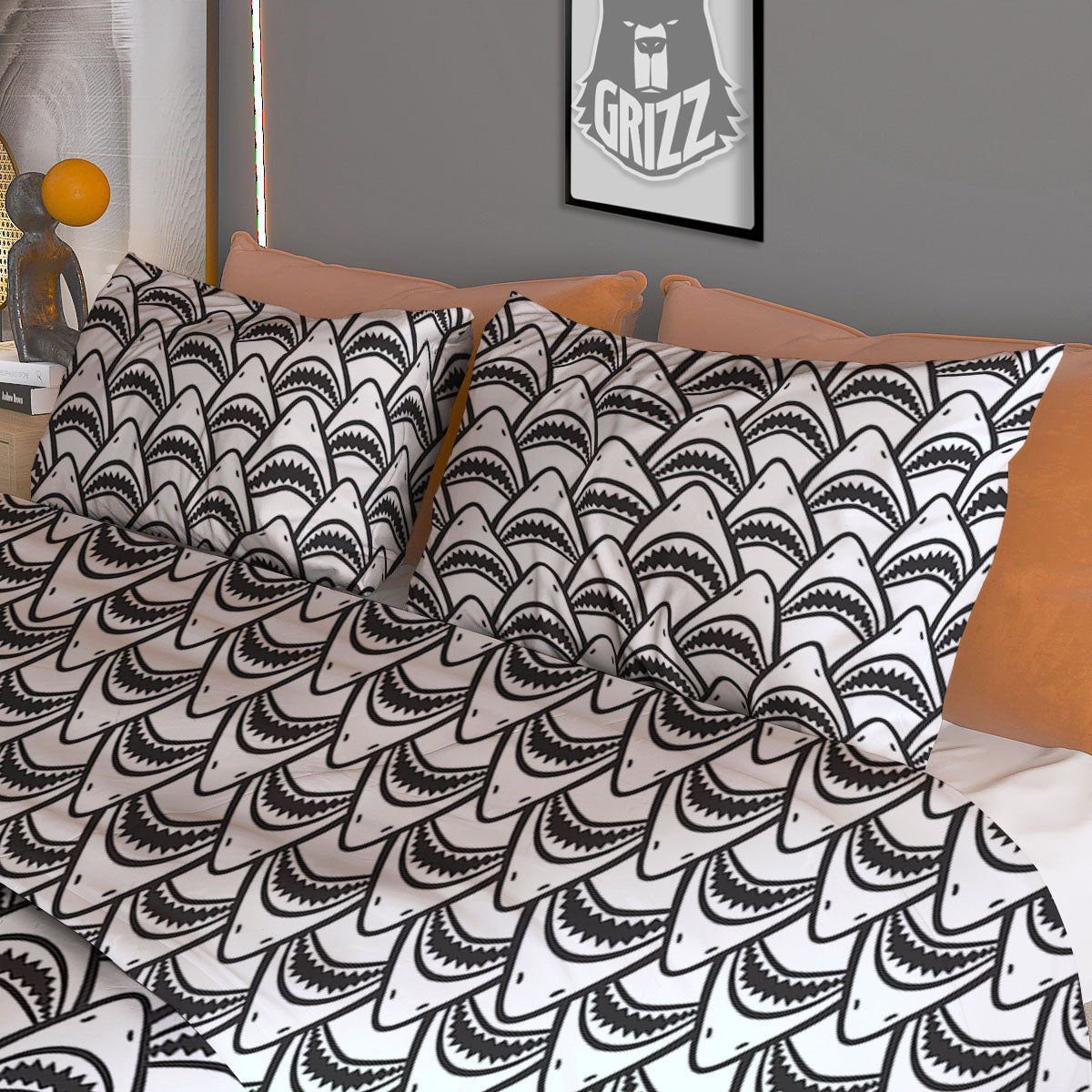 Shark Doodle Print Pattern Duvet Cover Bedding Set