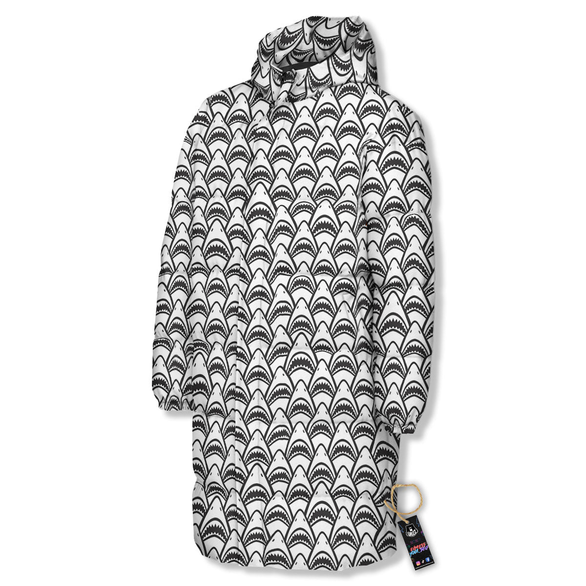 Shark Doodle Print Pattern Long Down Jacket-grizzshop