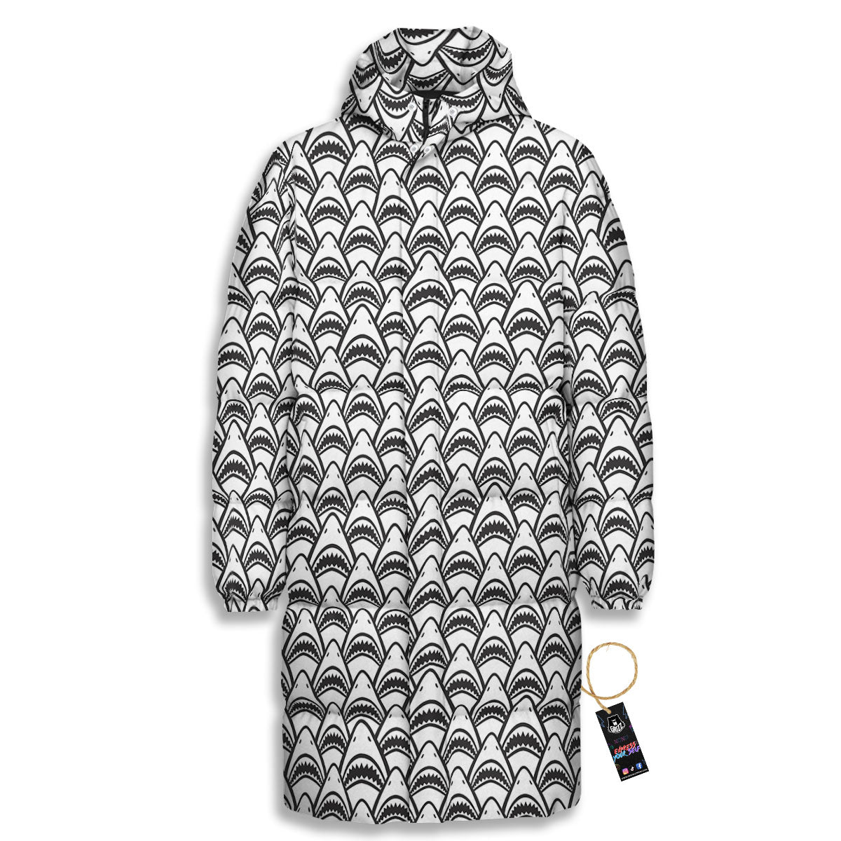 Shark Doodle Print Pattern Long Down Jacket-grizzshop