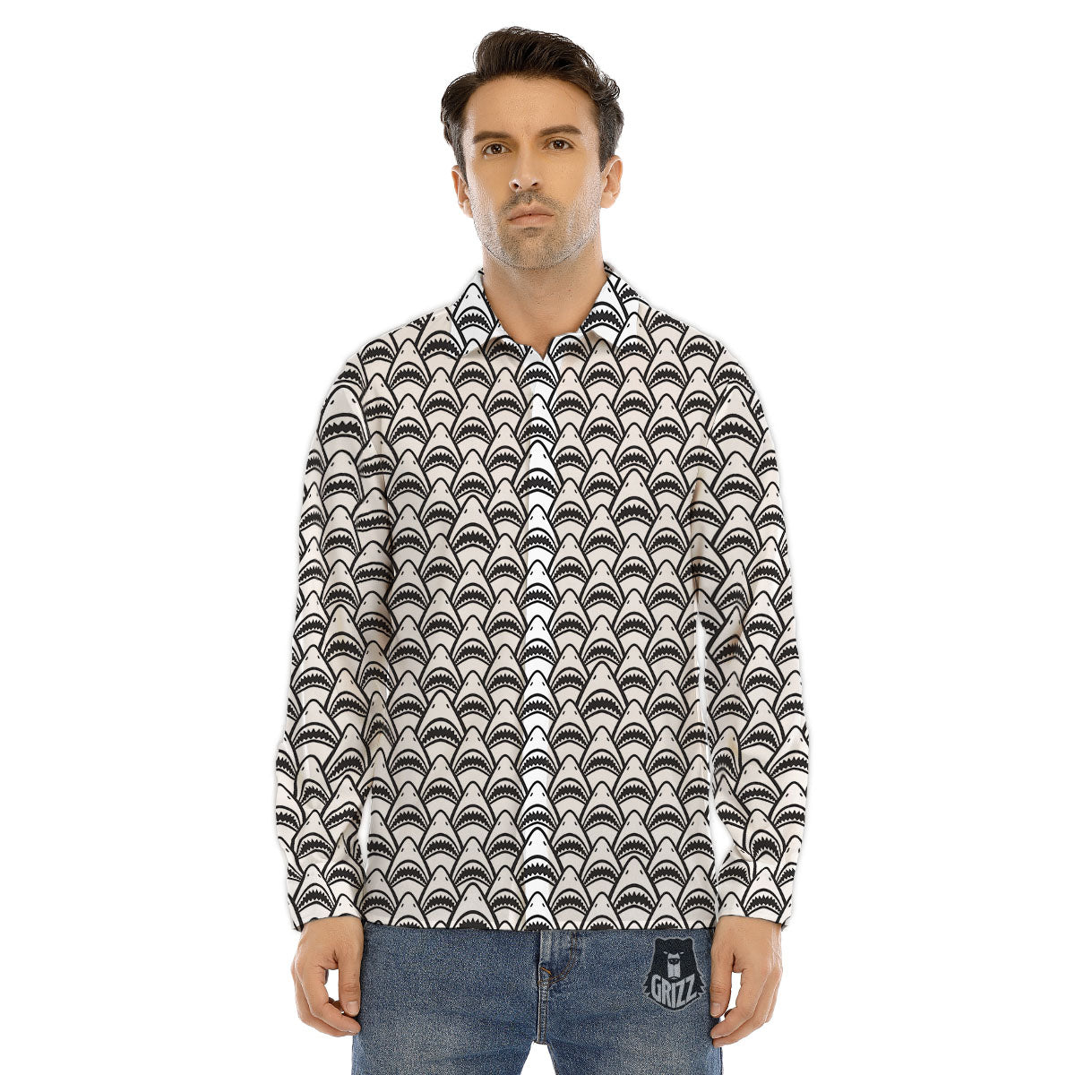 Shark Doodle Print Pattern Men's Dress Shirts-grizzshop