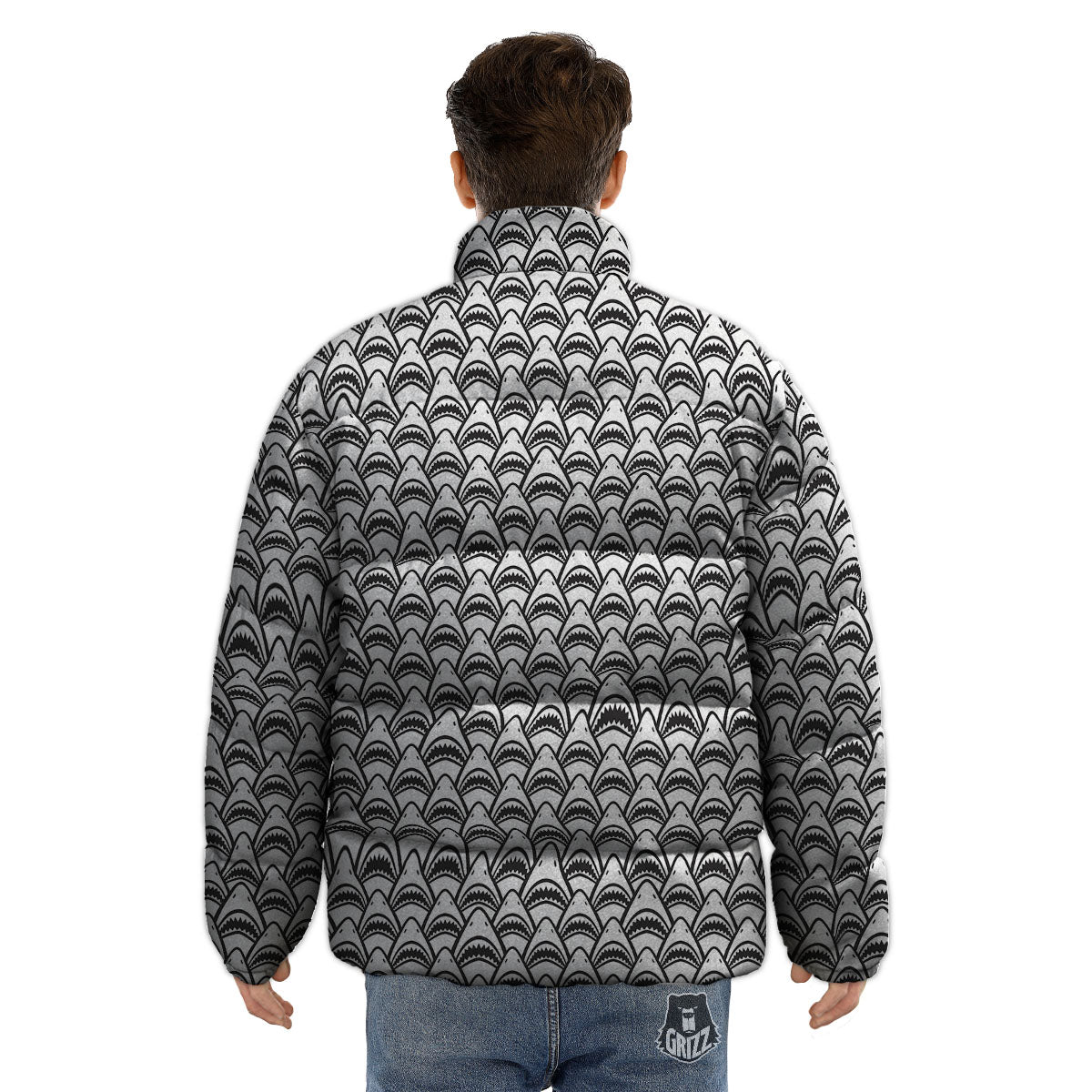 Shark Doodle Print Pattern Puffer Jacket-grizzshop