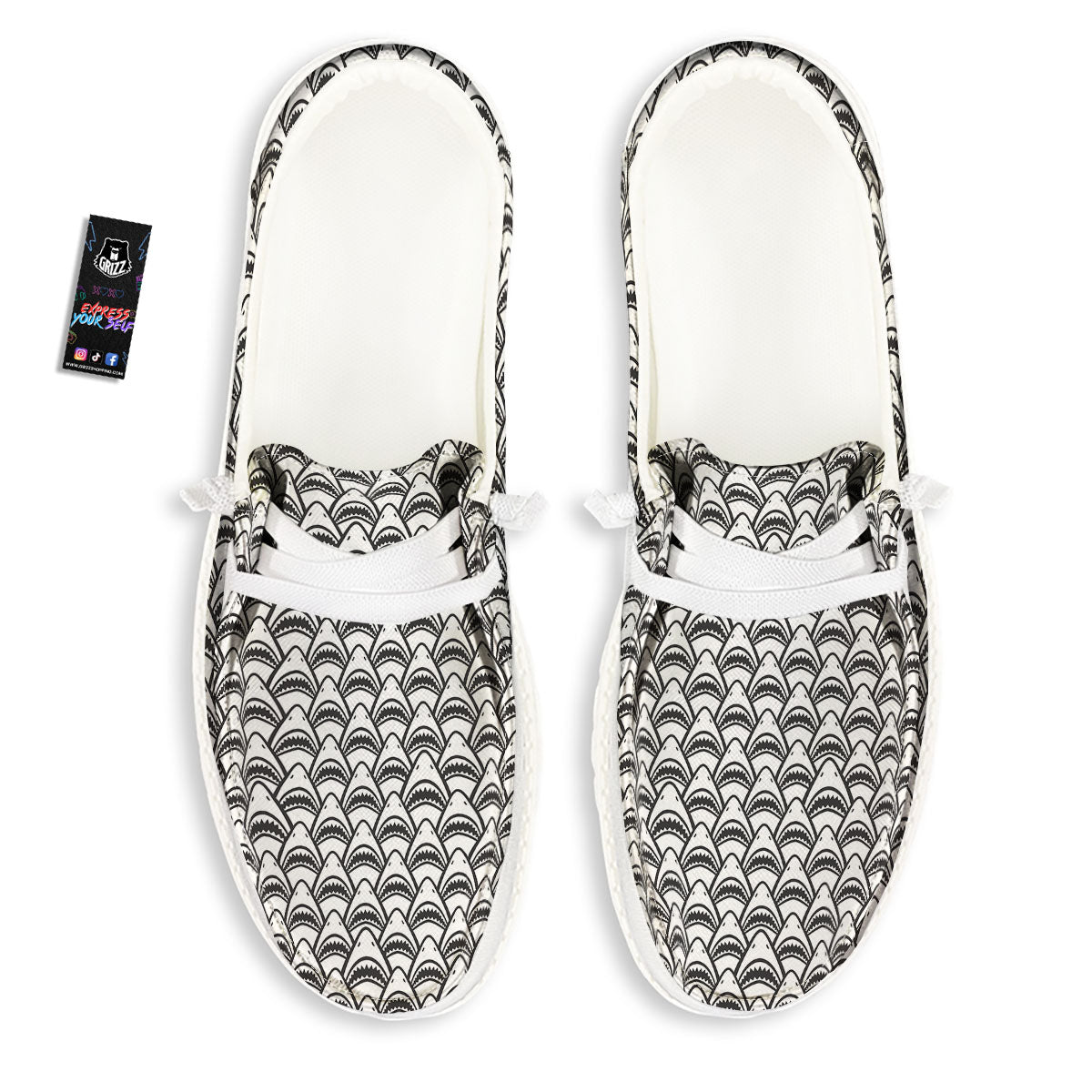 Shark Doodle Print Pattern White Loafers-grizzshop