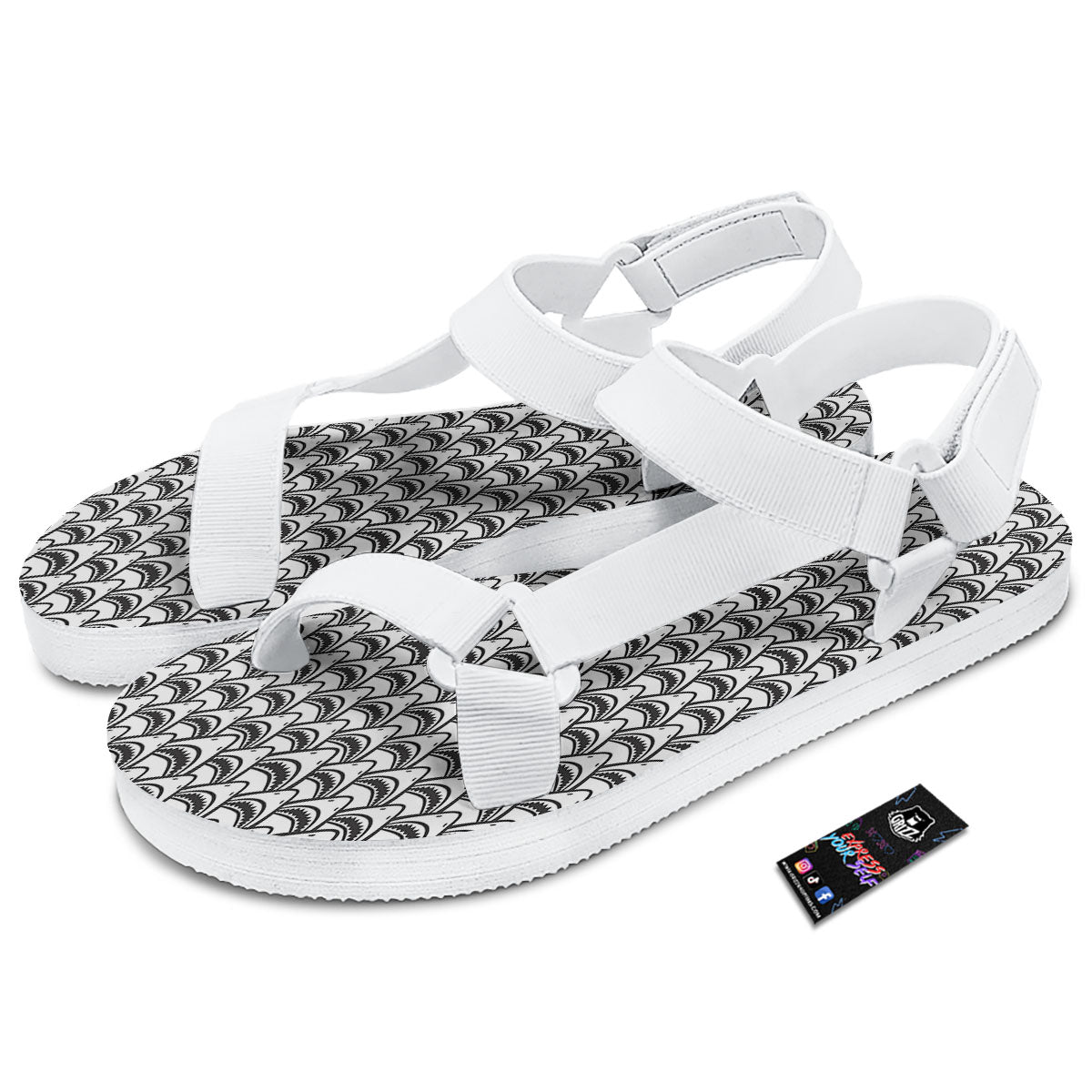 Shark Doodle Print Pattern White Open Toe Sandals-grizzshop