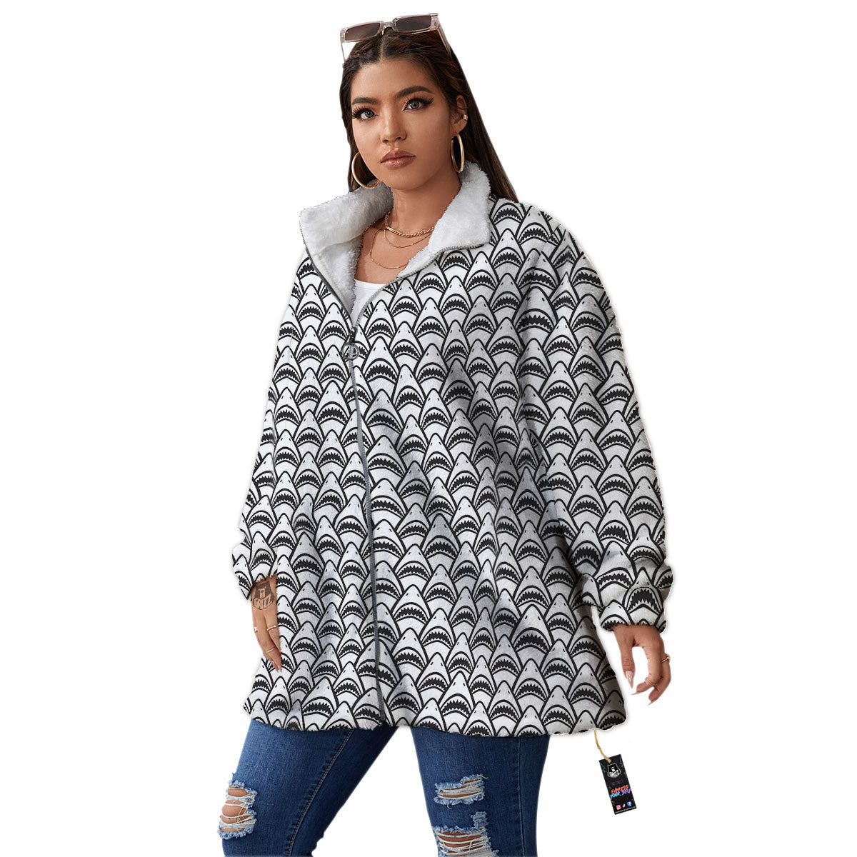 Shark Doodle Print Pattern Women's Sherpa Jacket-grizzshop