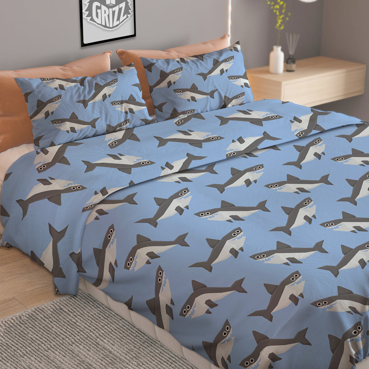 Shark Grey And White Print Pattern Duvet Cover Bedding Set