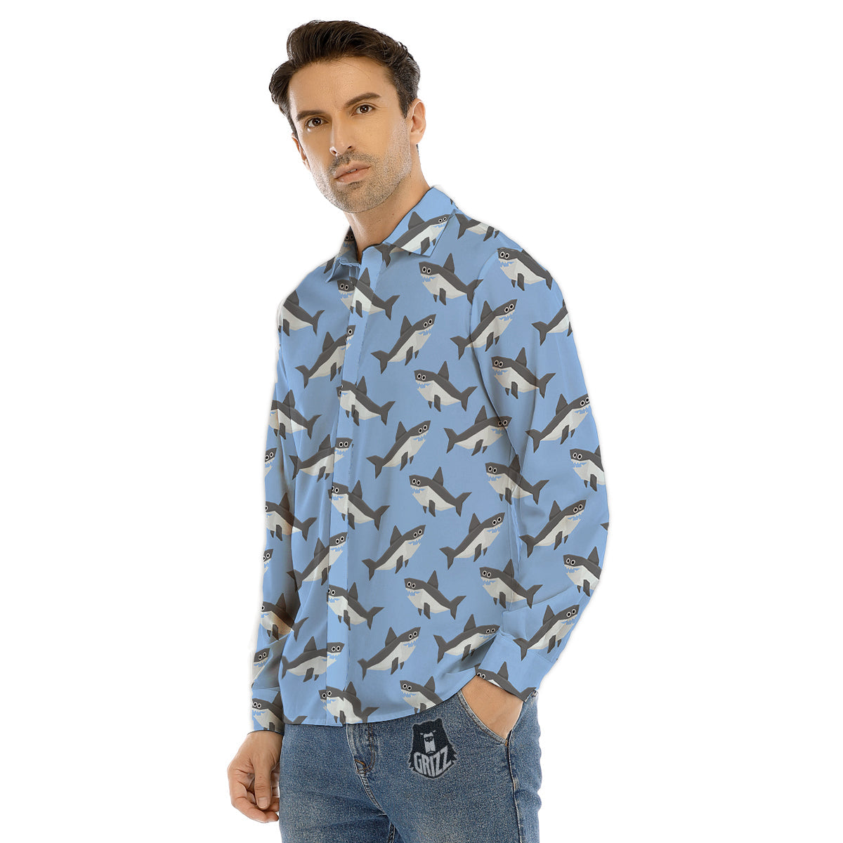 Shark Grey And White Print Pattern Men's Dress Shirts-grizzshop