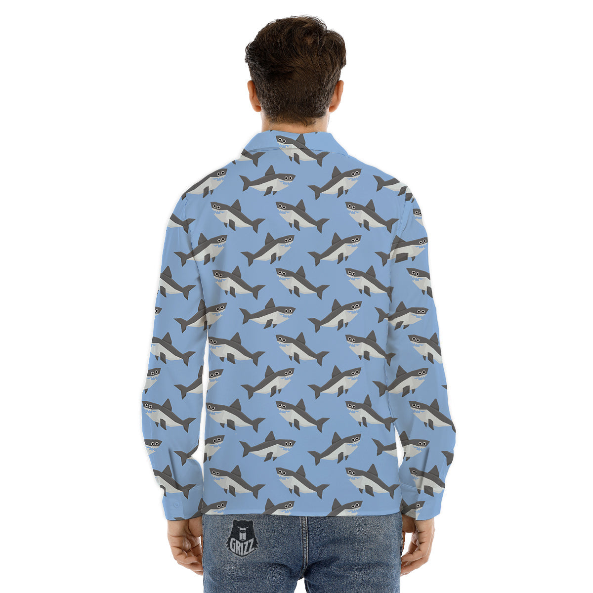 Shark Grey And White Print Pattern Men's Dress Shirts-grizzshop