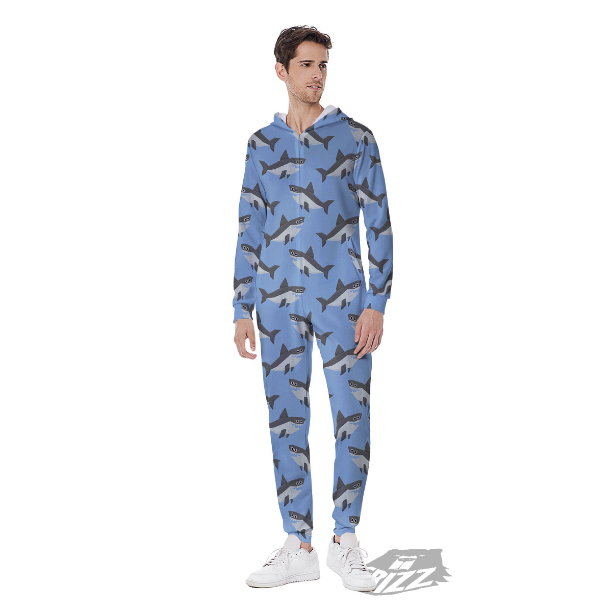 Shark Grey And White Print Pattern Men's Jumpsuit-grizzshop