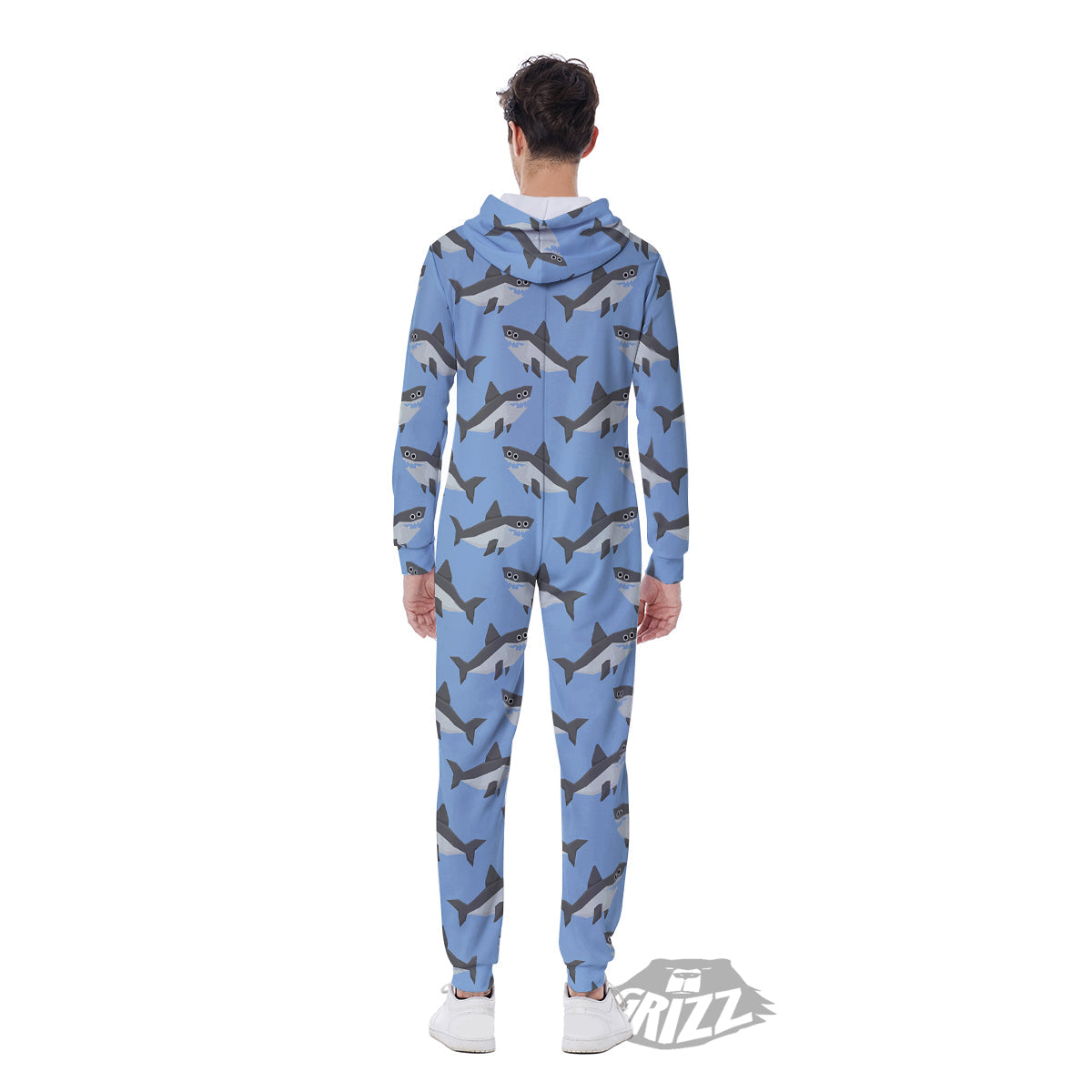 Shark Grey And White Print Pattern Men's Jumpsuit-grizzshop