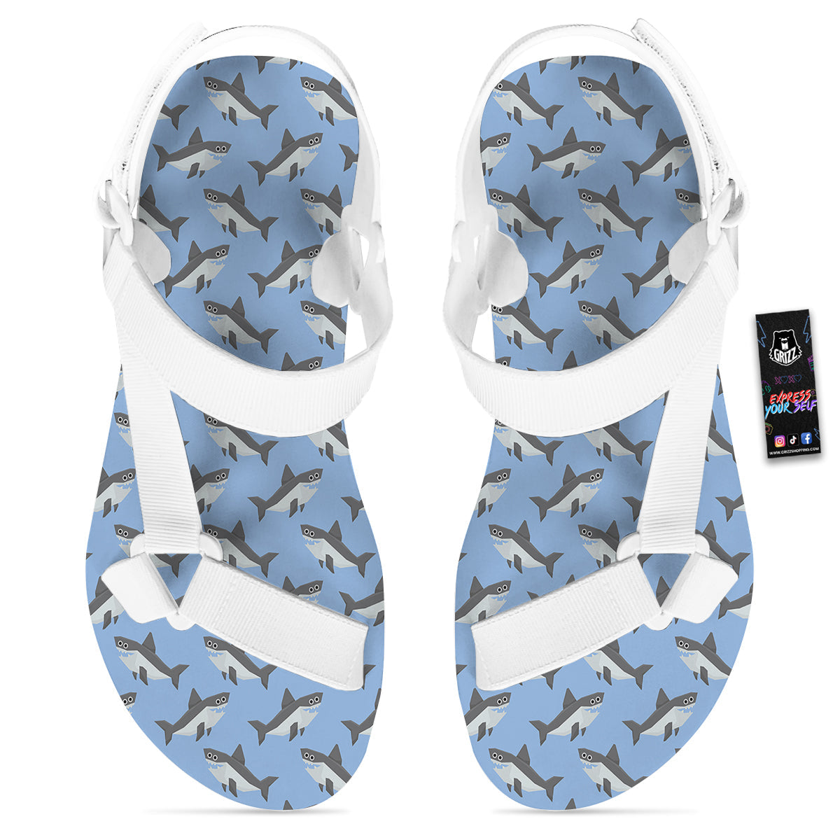 Shark Grey And White Print Pattern White Open Toe Sandals-grizzshop