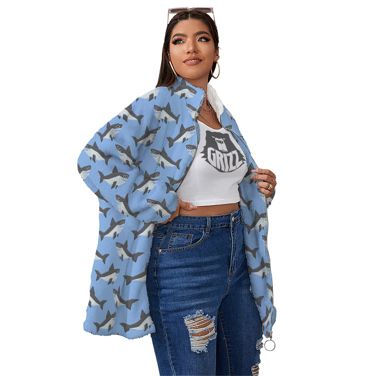 Shark Grey And White Print Pattern Women's Sherpa Jacket-grizzshop