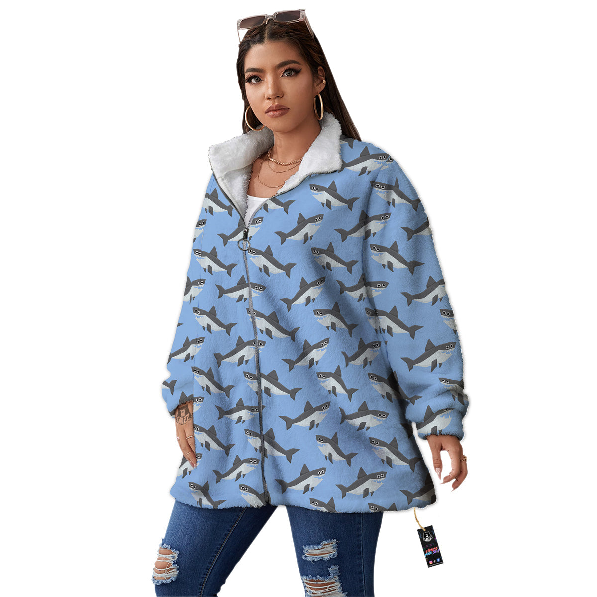 Shark Grey And White Print Pattern Women's Sherpa Jacket-grizzshop
