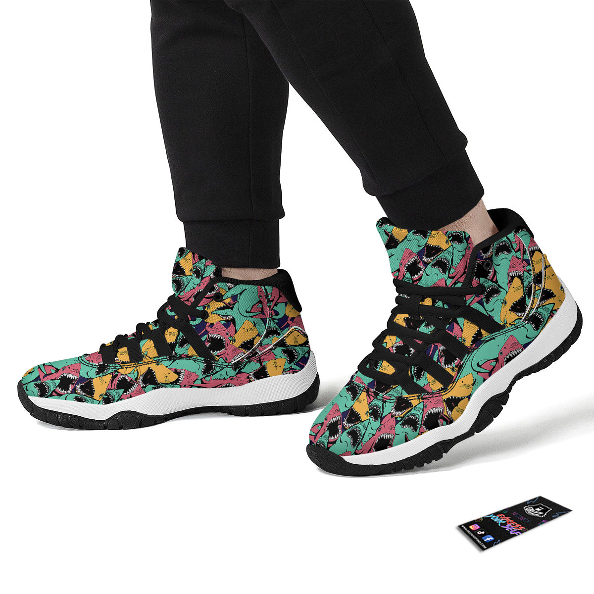 Shark Print Pattern Black Bball Shoes-grizzshop