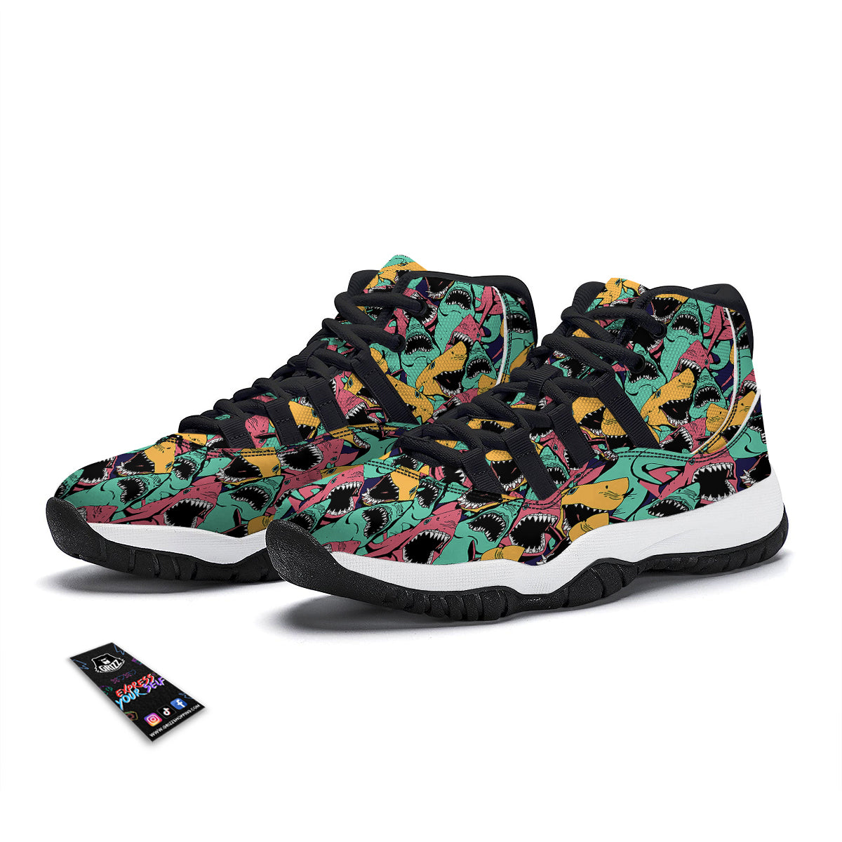 Shark Print Pattern Black Bball Shoes-grizzshop