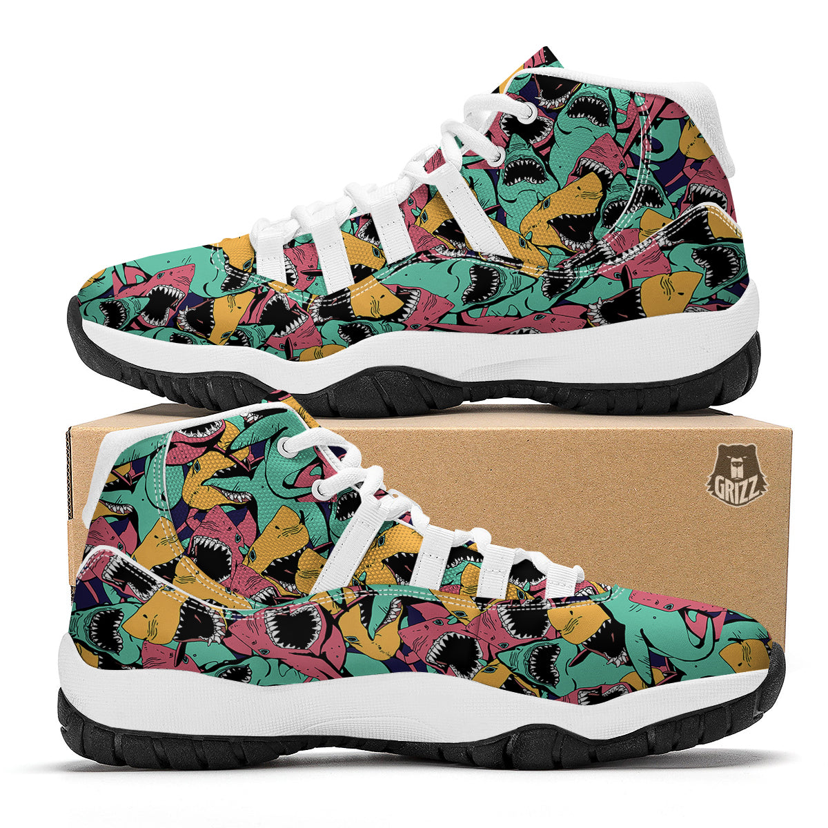 Shark Print Pattern White Bball Shoes-grizzshop