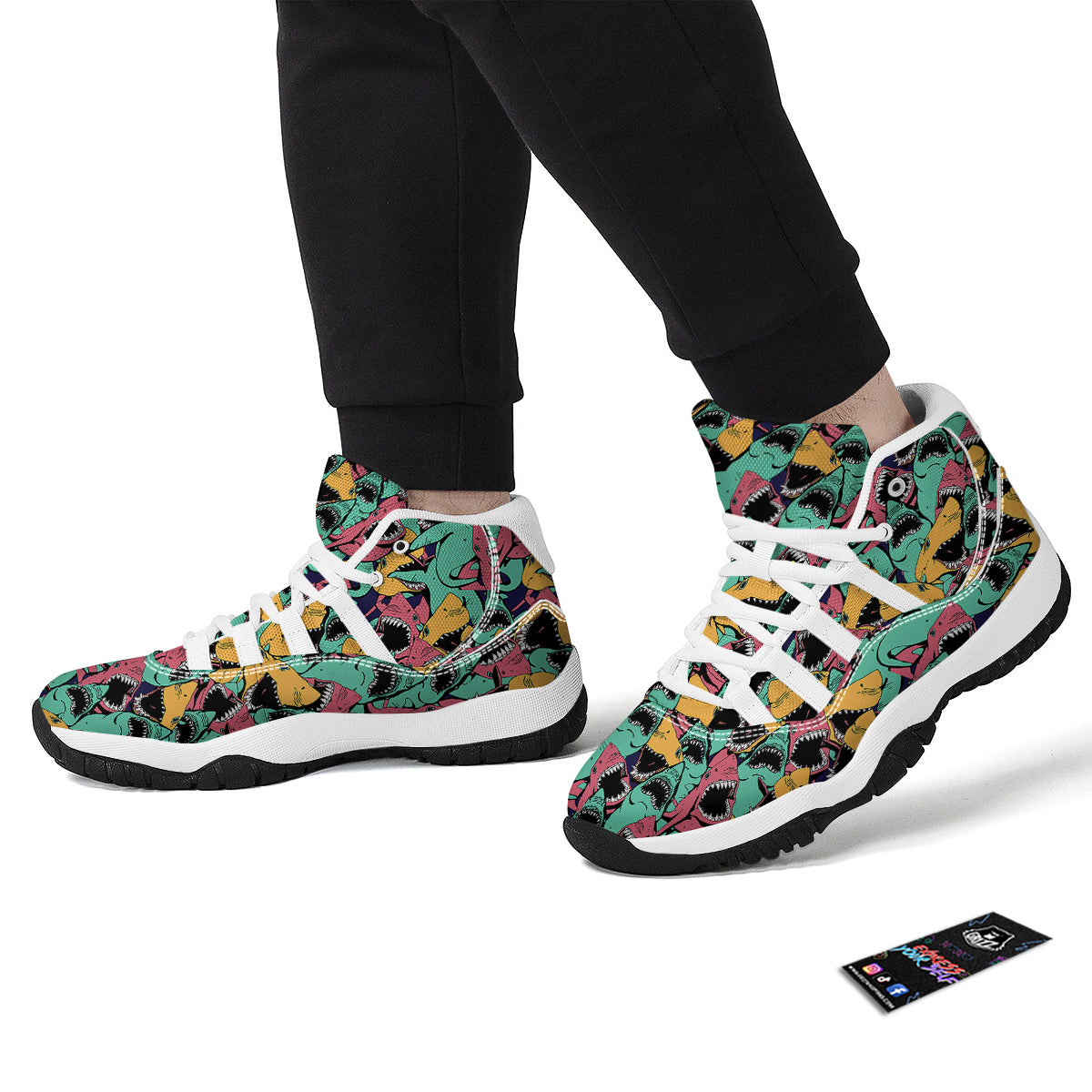 Shark Print Pattern White Bball Shoes-grizzshop