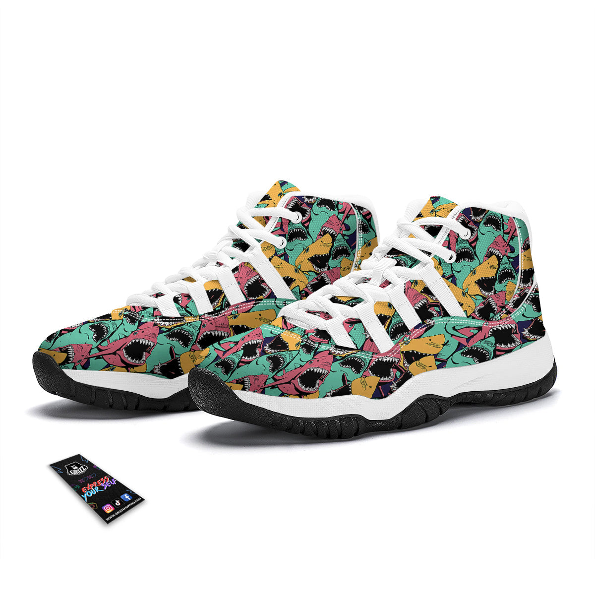 Shark Print Pattern White Bball Shoes-grizzshop