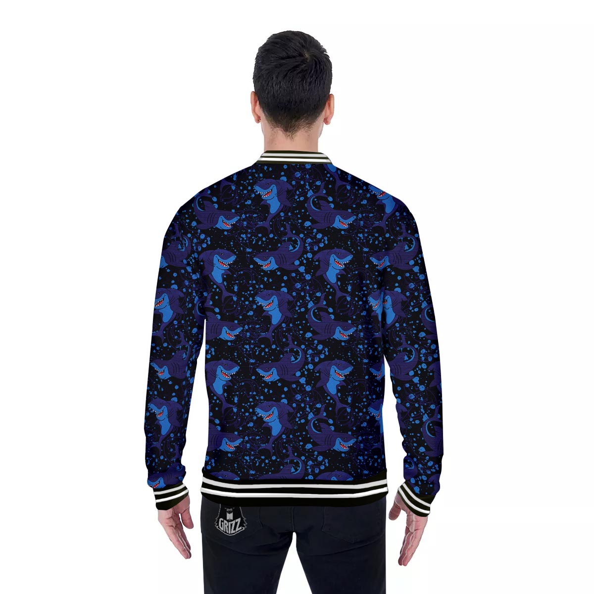 Shark Smiley Print Pattern Baseball Jacket-grizzshop