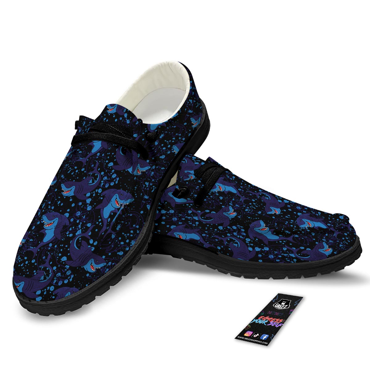 Shark Smiley Print Pattern Black Loafers-grizzshop