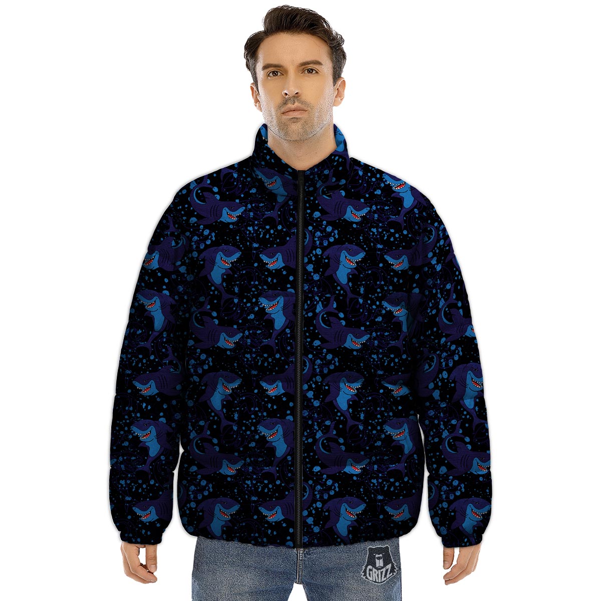 Shark Smiley Print Pattern Puffer Jacket-grizzshop