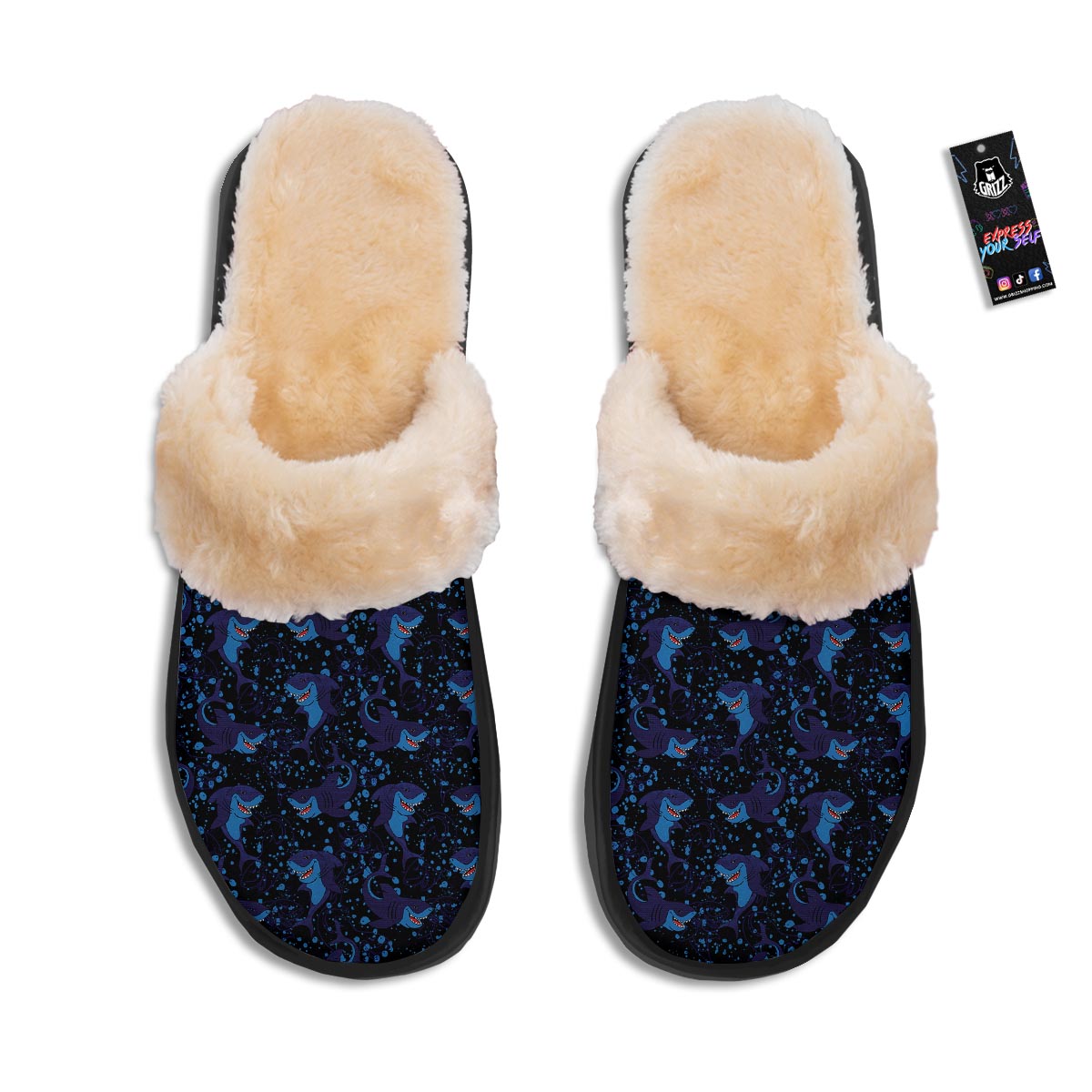 Shark Smiley Print Pattern Slippers-grizzshop