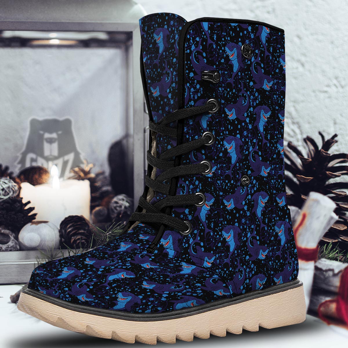 Shark Smiley Print Pattern Snow Boots-grizzshop