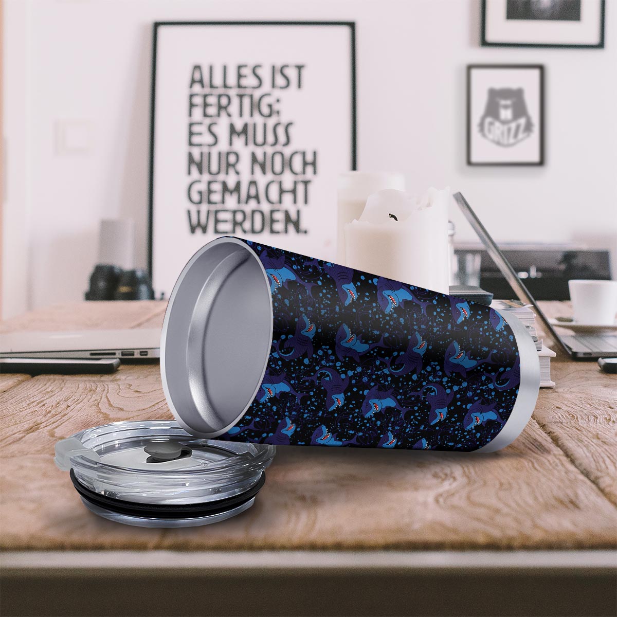 Shark Smiley Print Pattern Tumbler-grizzshop
