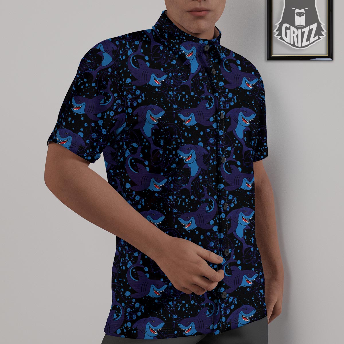 Shark Smiley Print Pattern Untucked Shirts-grizzshop