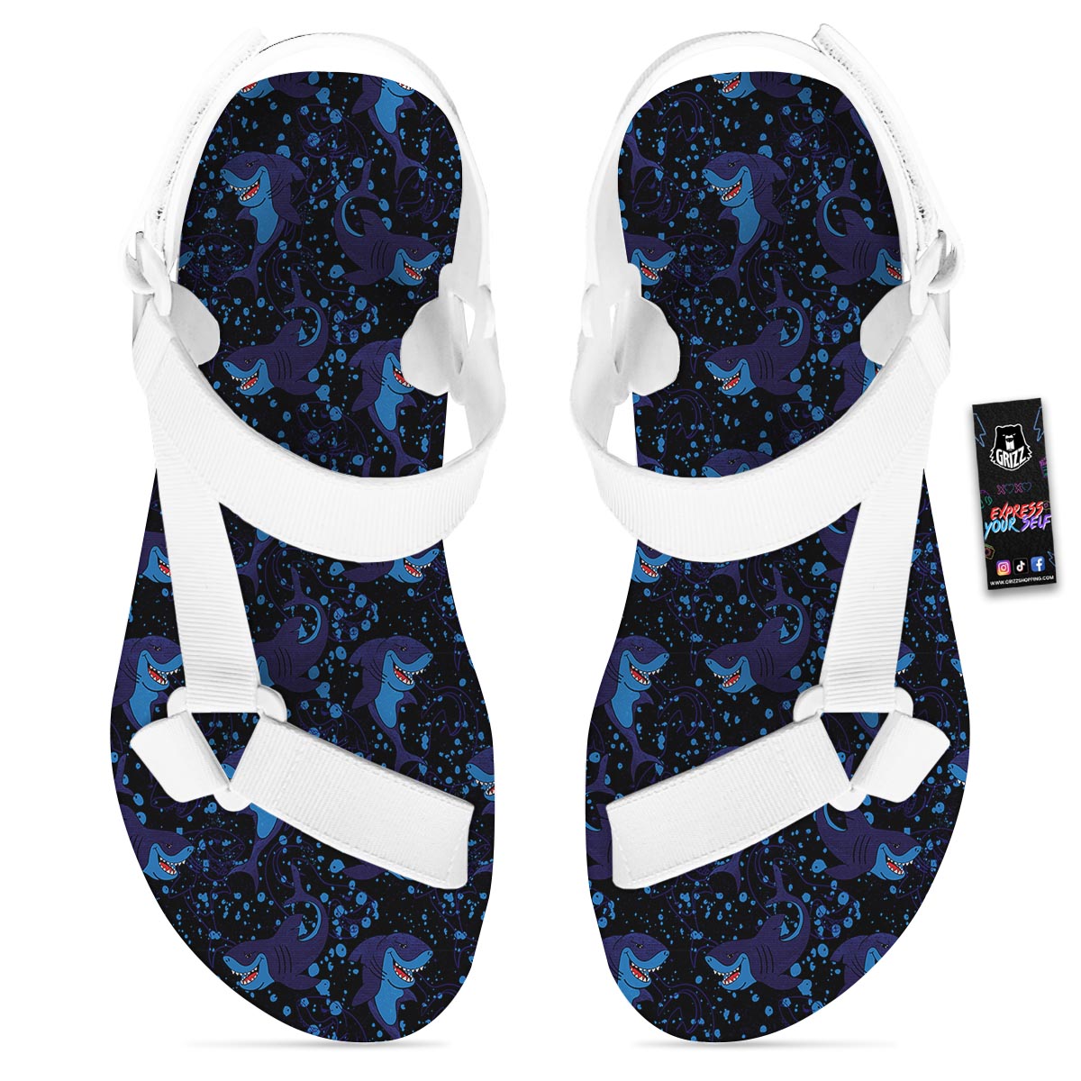 Shark Smiley Print Pattern White Open Toe Sandals-grizzshop