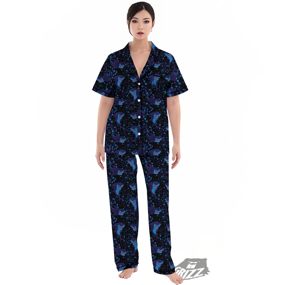 Shark Smiley Print Pattern Women's Pajamas Set-grizzshop