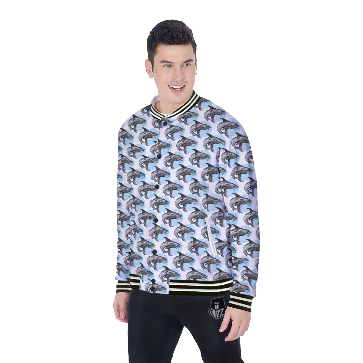 Shark White And Grey Print Pattern Baseball Jacket-grizzshop