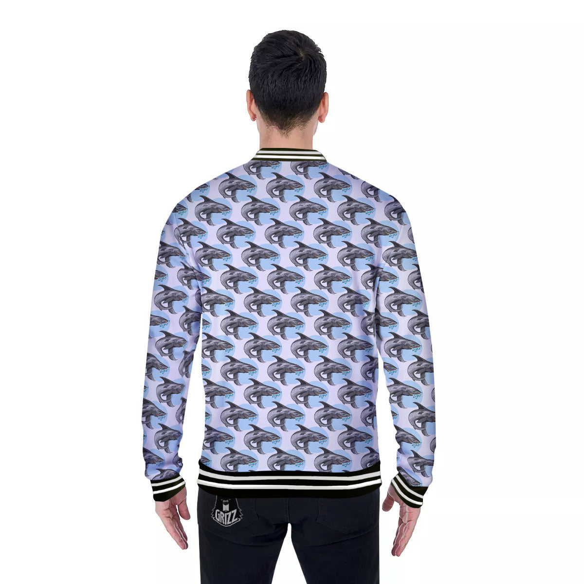 Shark White And Grey Print Pattern Baseball Jacket-grizzshop
