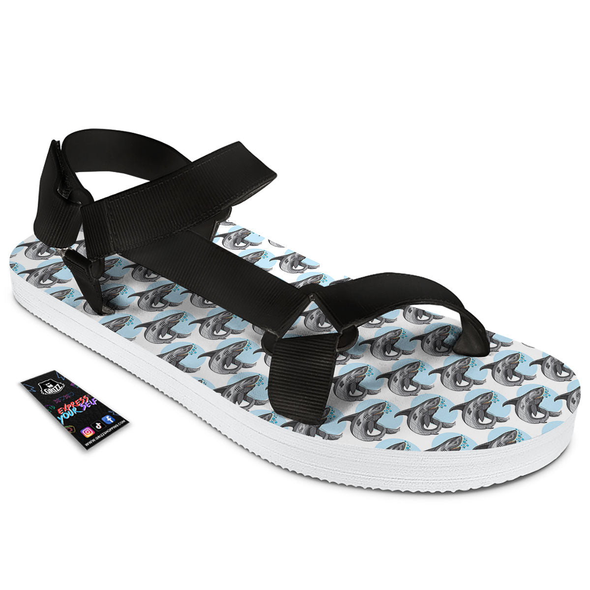 Shark White And Grey Print Pattern Black Open Toe Sandals-grizzshop