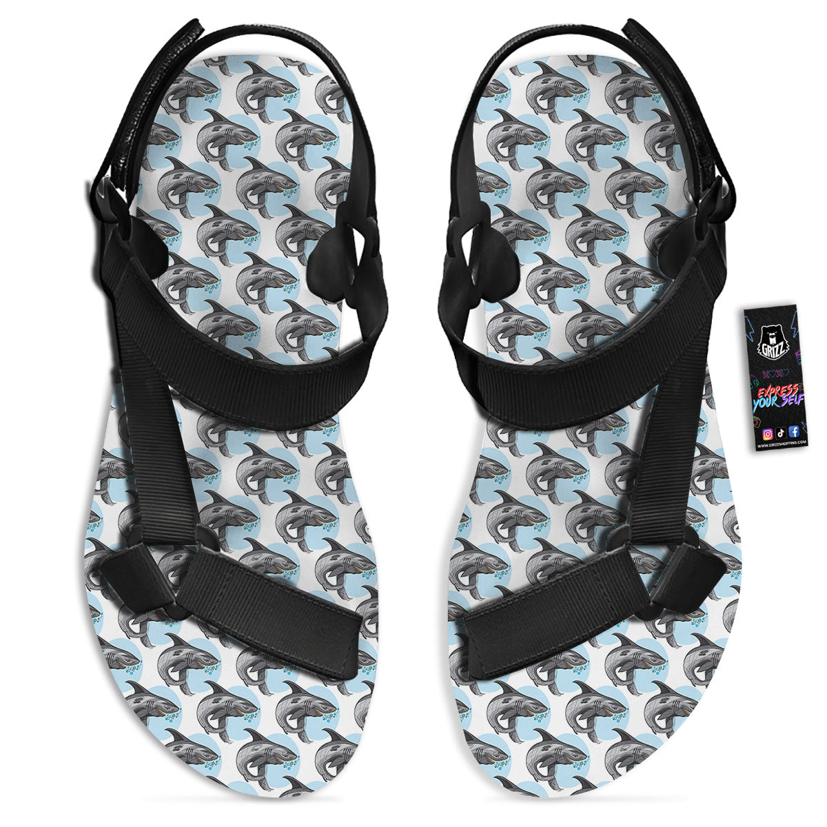 Shark White And Grey Print Pattern Black Open Toe Sandals-grizzshop