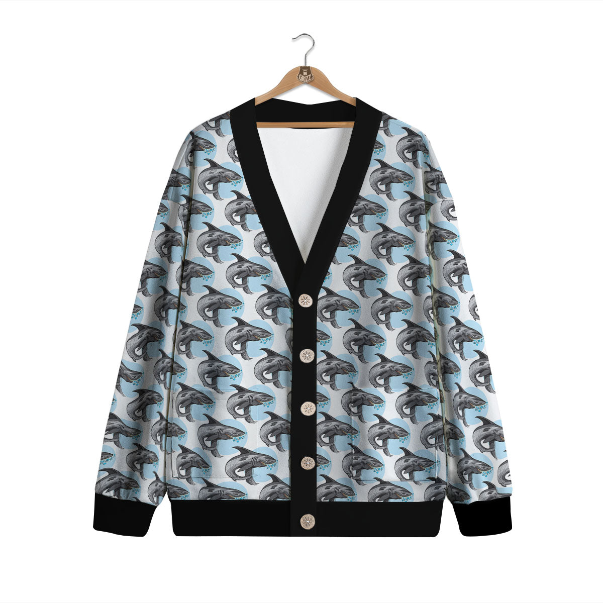 Shark White And Grey Print Pattern Cardigan-grizzshop