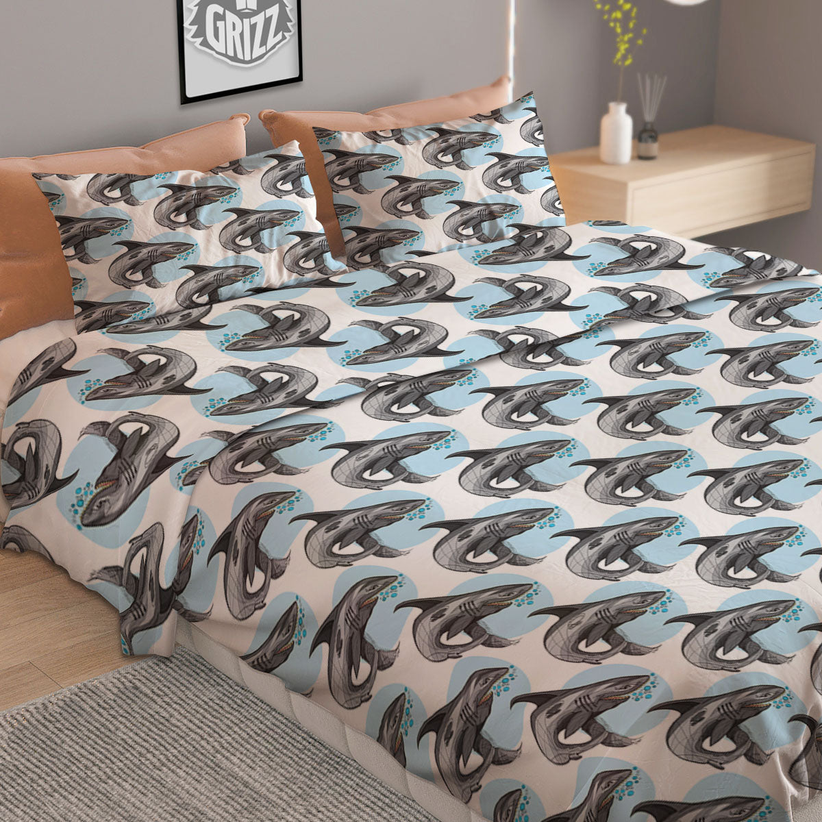 Shark White And Grey Print Pattern Duvet Cover Bedding Set
