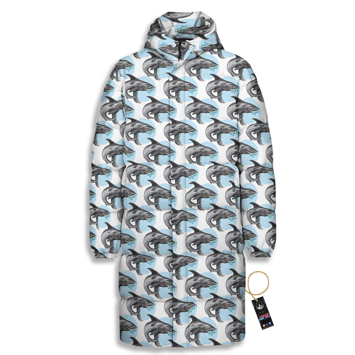 Shark White And Grey Print Pattern Long Down Jacket-grizzshop