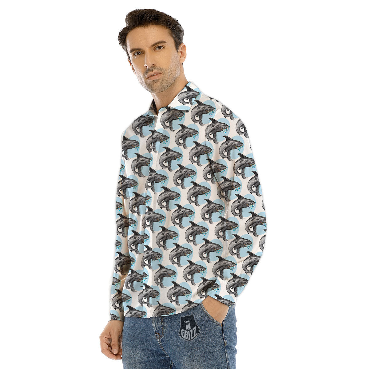 Shark White And Grey Print Pattern Men's Dress Shirts-grizzshop