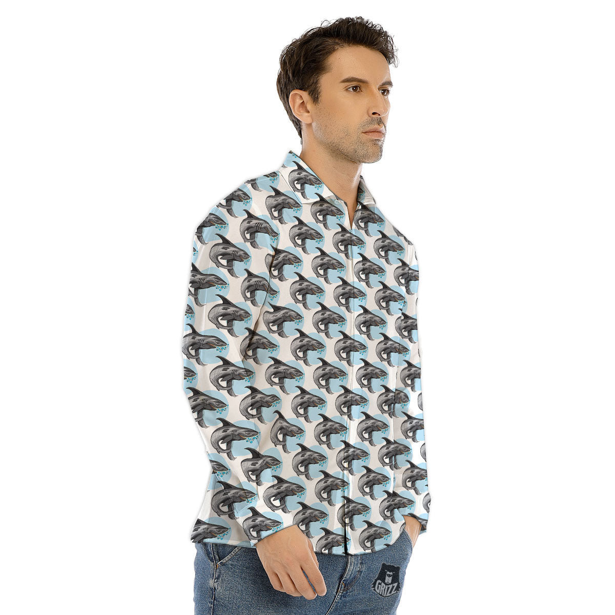 Shark White And Grey Print Pattern Men's Dress Shirts-grizzshop