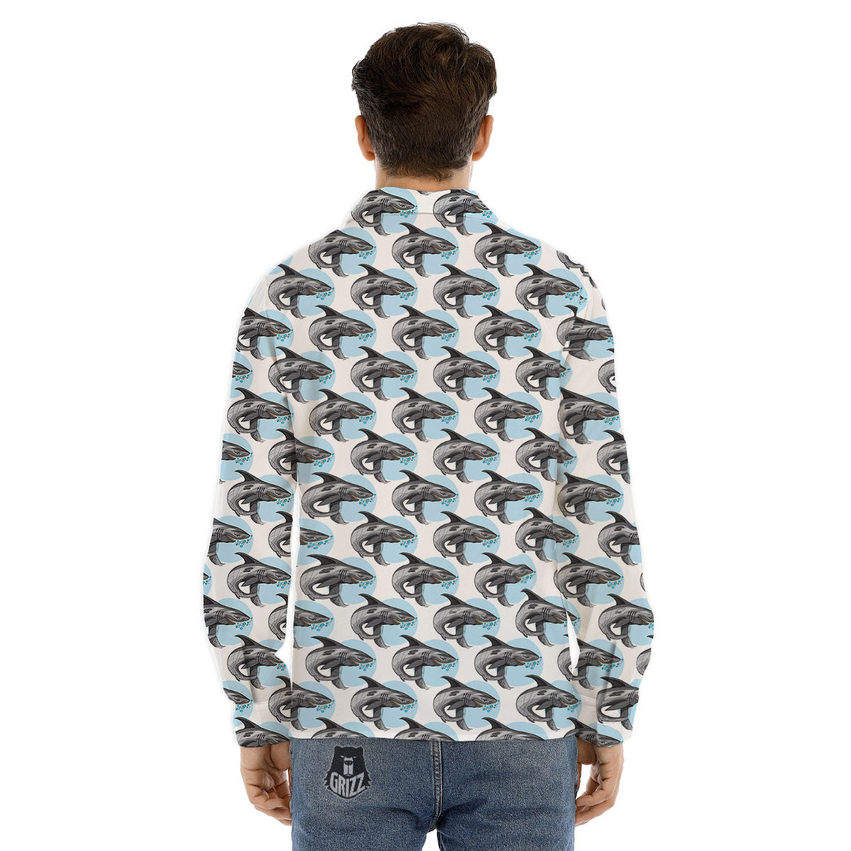 Shark White And Grey Print Pattern Men's Dress Shirts-grizzshop