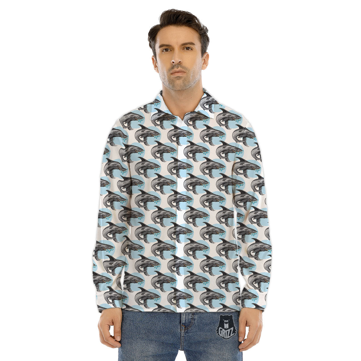 Shark White And Grey Print Pattern Men's Dress Shirts-grizzshop