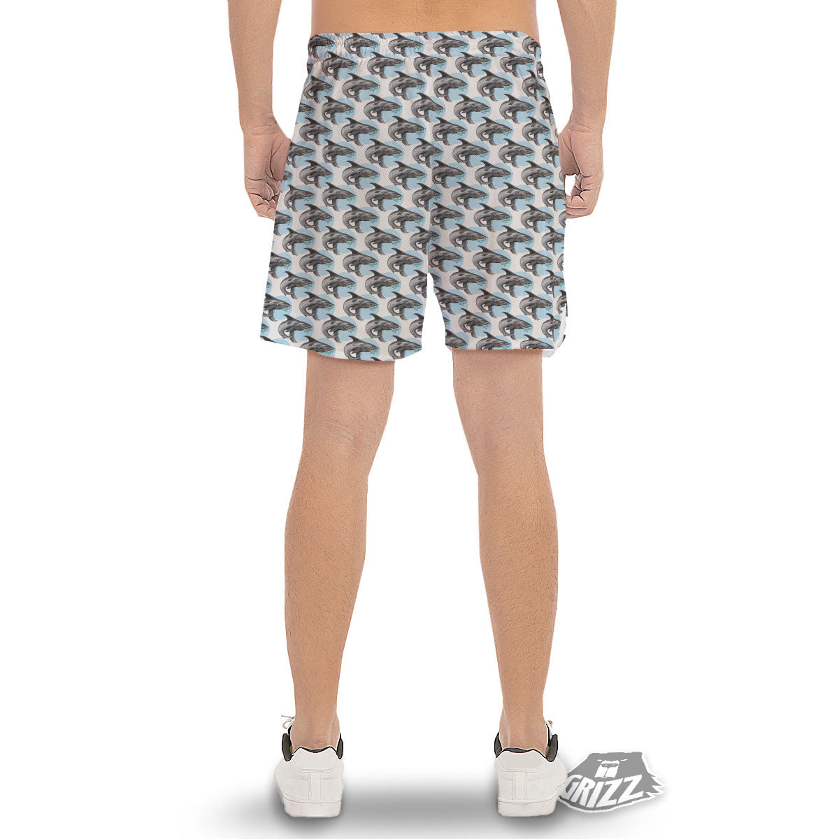 Shark White And Grey Print Pattern Men's Gym Shorts-grizzshop