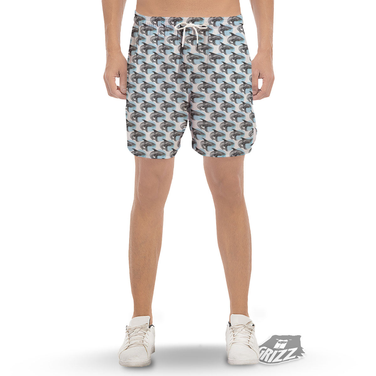 Shark White And Grey Print Pattern Men's Gym Shorts-grizzshop