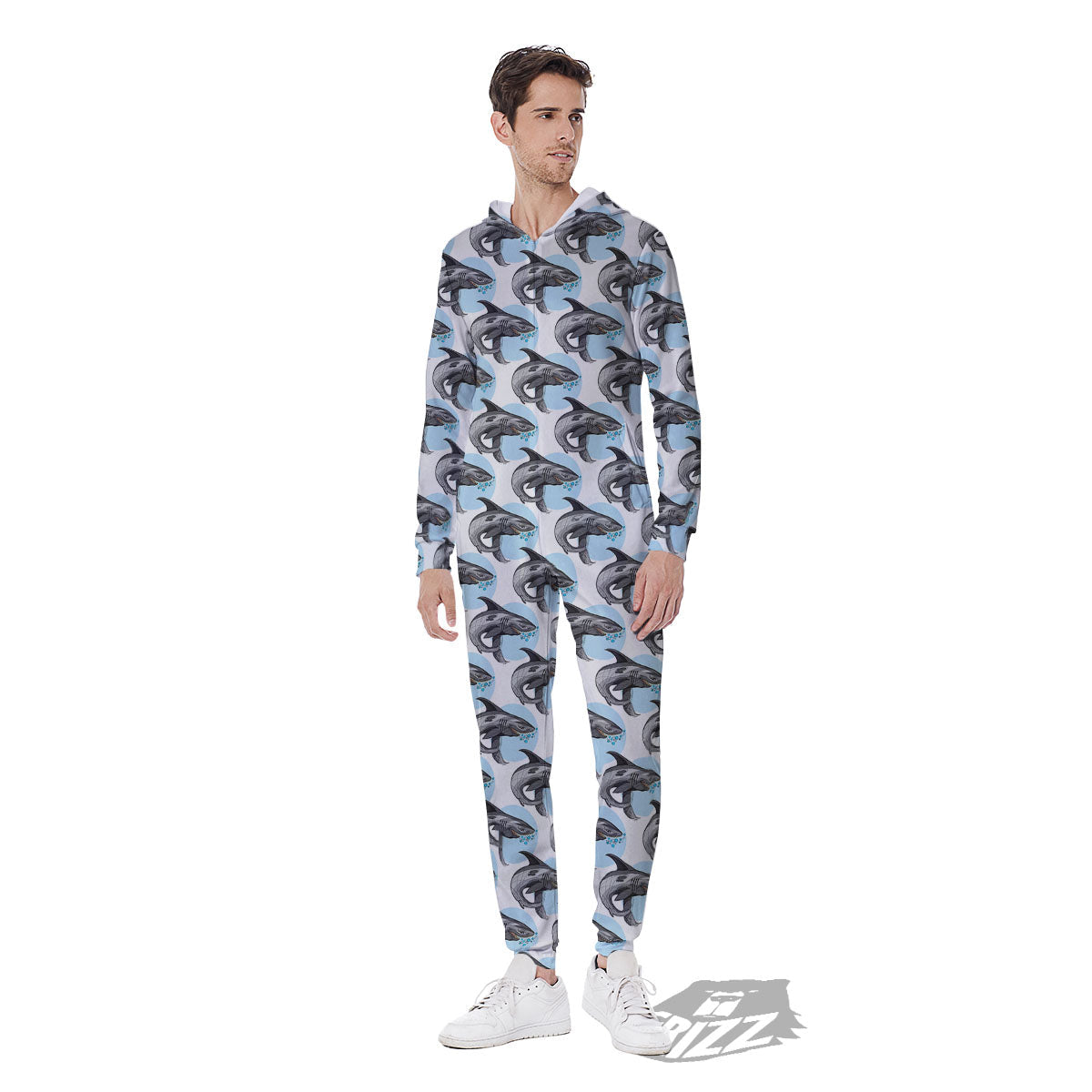 Shark White And Grey Print Pattern Men's Jumpsuit-grizzshop