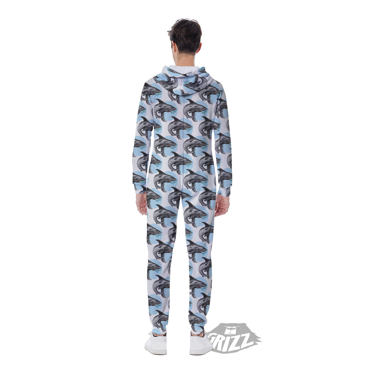Shark White And Grey Print Pattern Men's Jumpsuit-grizzshop