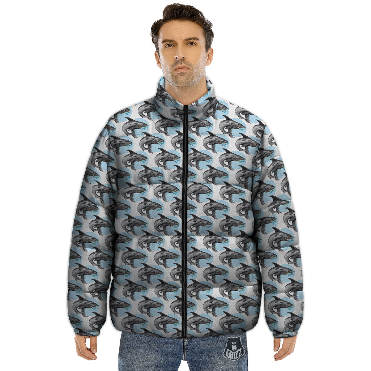 Shark White And Grey Print Pattern Puffer Jacket-grizzshop