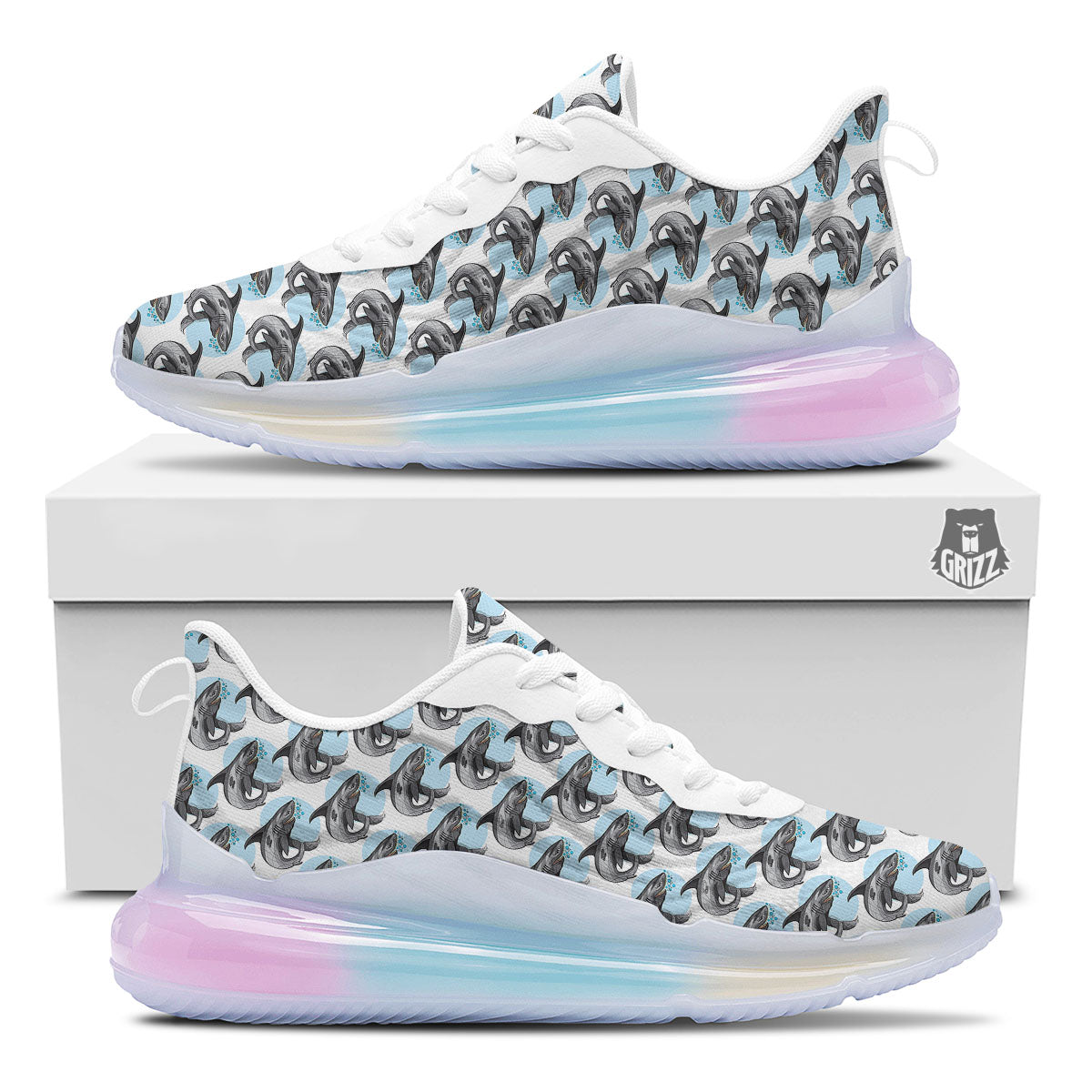 Shark White And Grey Print Pattern Running Sneakers-grizzshop